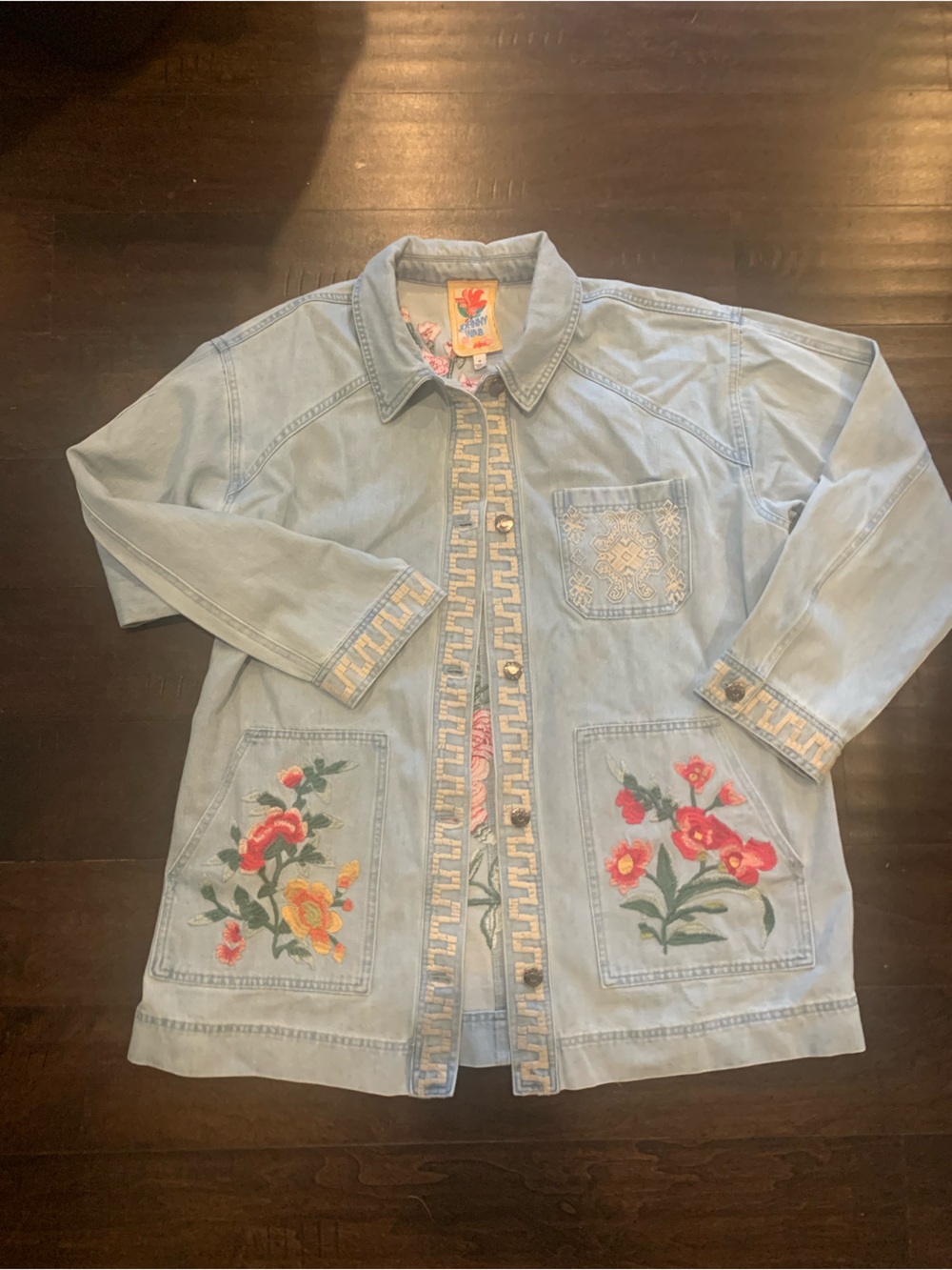 Johnny Was Light Blue Embroidered Denim Jacket with Floral Pockets
